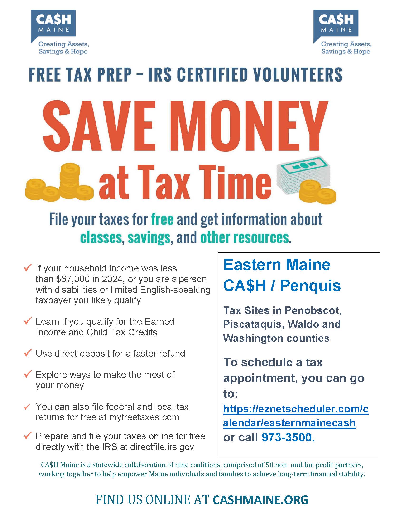 The image shows information about free tax preparation and gives directions on how to make an appointment. 